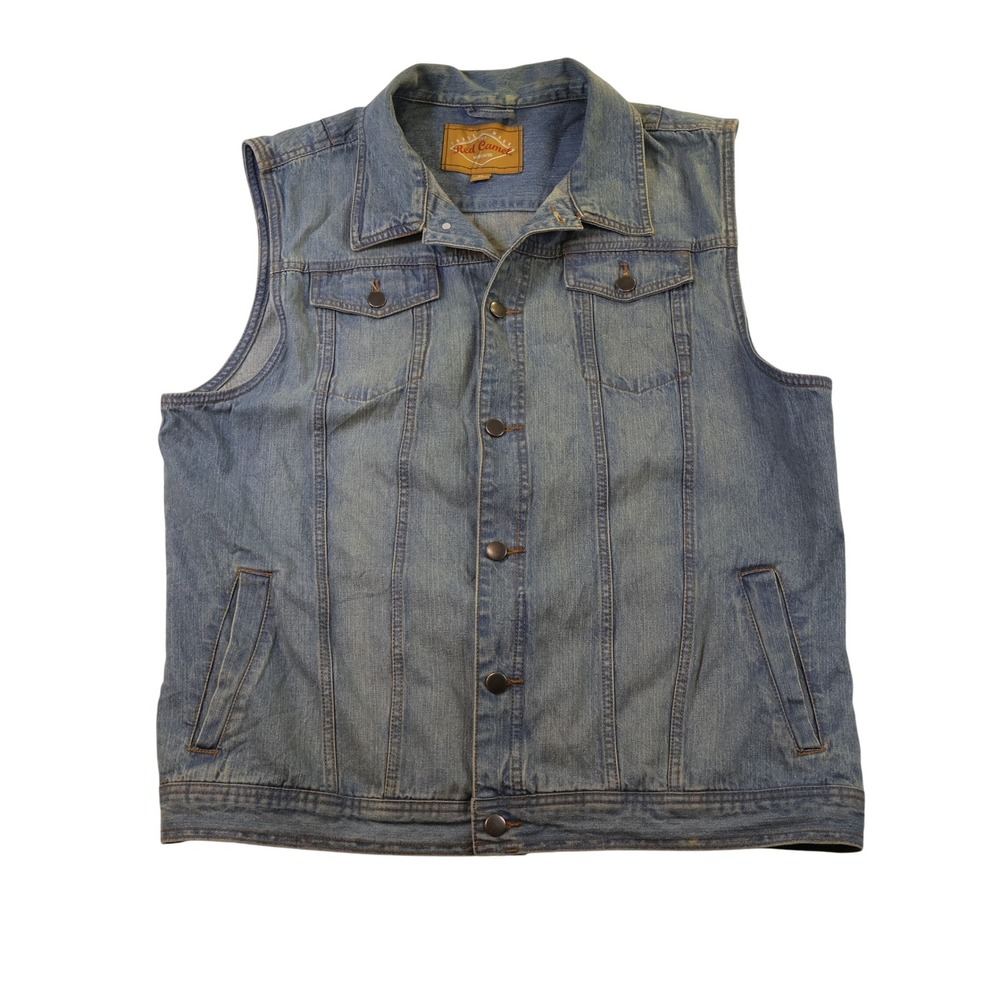 Red Camel Mens XL Denim Vest Blue Sleeveless Trucker Jacket Button Front Pockets
